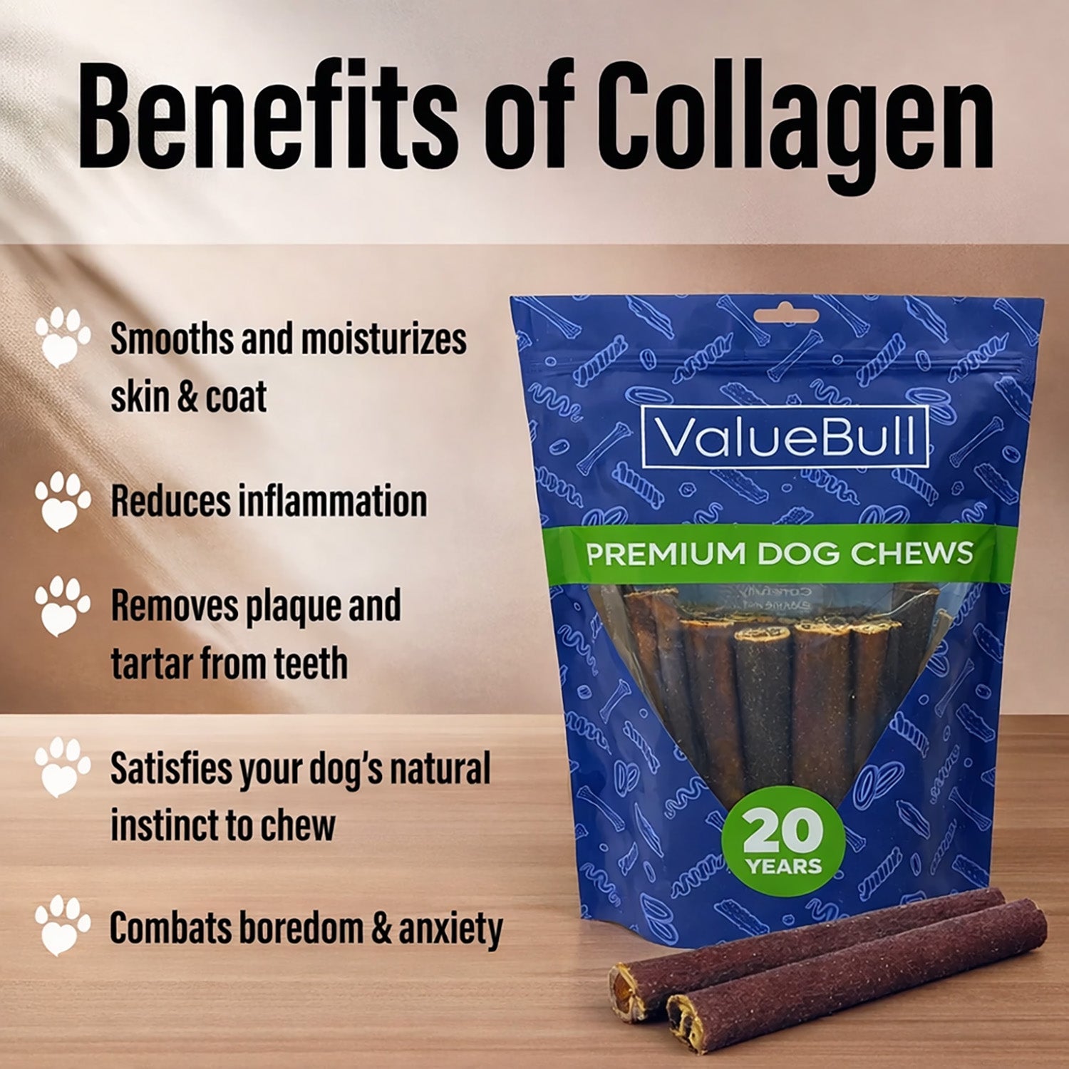 ValueBull Buffalo Collagen Sticks for Dogs, 6 Inch Thick Chews, Natural Long-Lasting Dog Treats, 10 Count