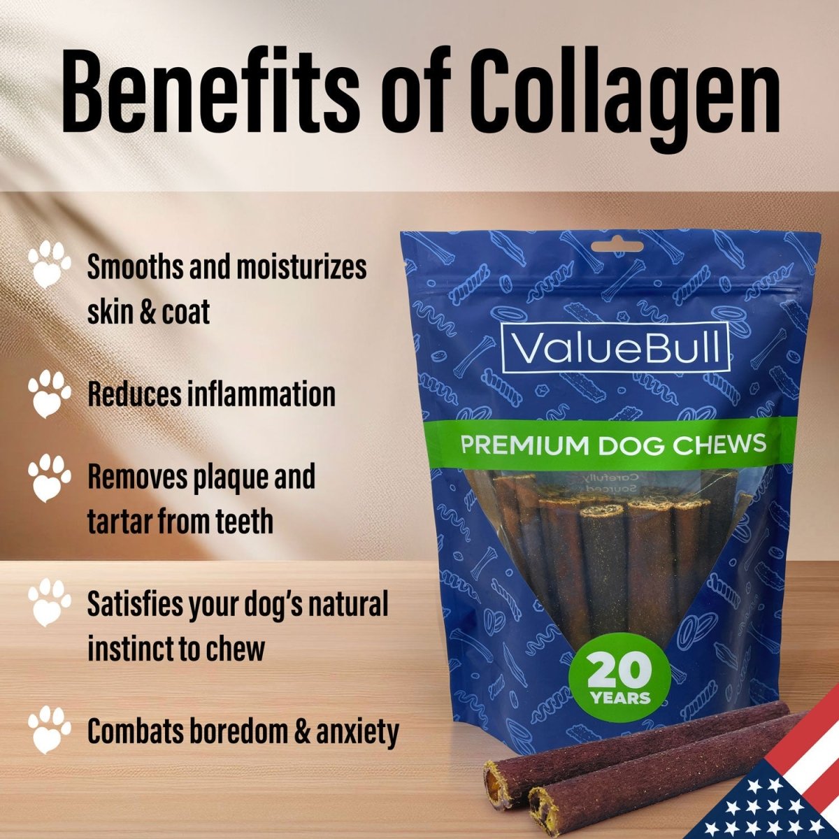 ValueBull USA Collagen Sticks for Dogs, 6 Inch Super Jumbo Chews, Natural Long-Lasting Dog Treats, 25 Count