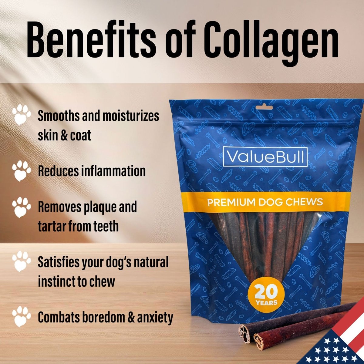 ValueBull USA Collagen Sticks for Dogs, 12 Inch Super Jumbo Chews, Natural Long-Lasting Dog Treats, 10 Count