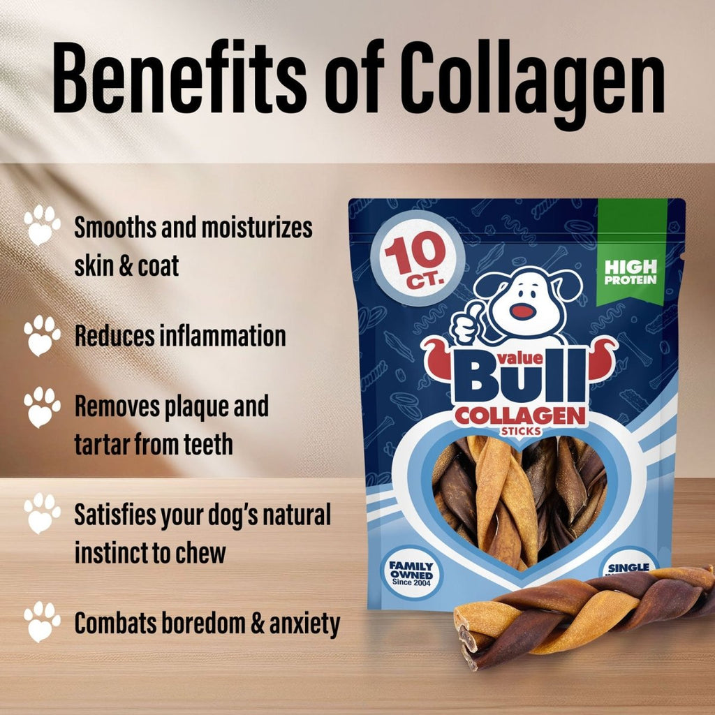 ValueBull Collagen Braided Sticks for Dogs, 6 Inch Medium Chews, Natural Long-Lasting Dog Treats, 10 Count