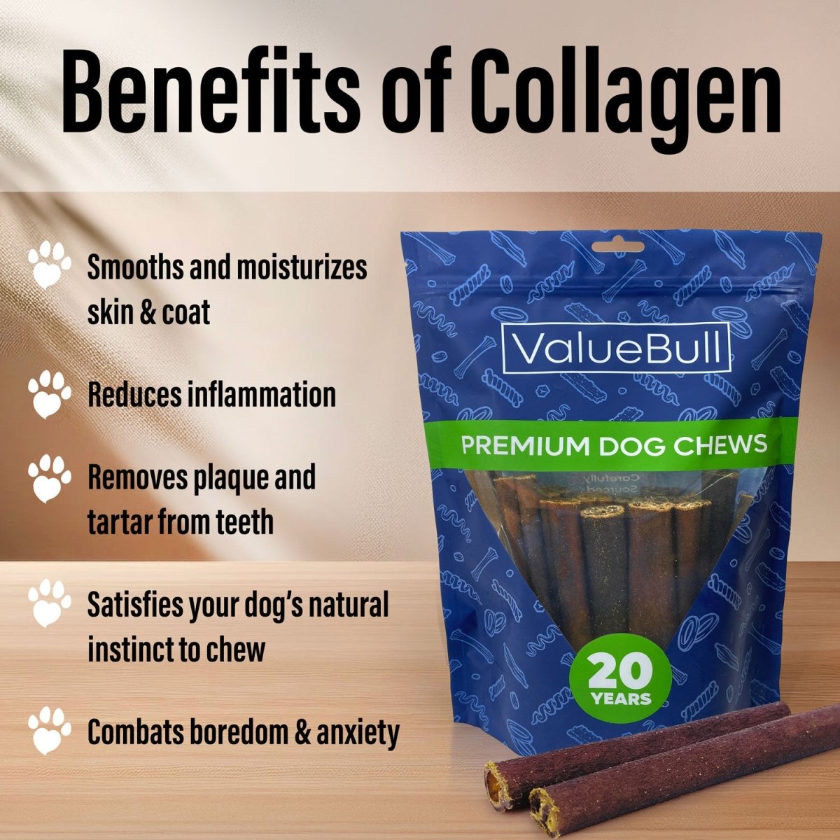 ValueBull Collagen Sticks for Dogs, 6 Inch Thick Chews, Natural Long-Lasting Dog Treats, 50 Count