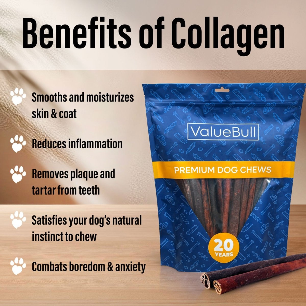ValueBull Collagen Sticks for Dogs, 12 Inch Thick Chews, Natural Long-Lasting Dog Treats, 25 Count